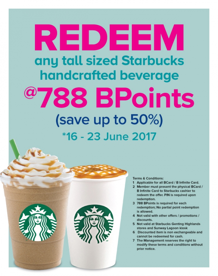 Redeem Any Tall Sized Starbucks Drink with only 788 BCard Bpoints